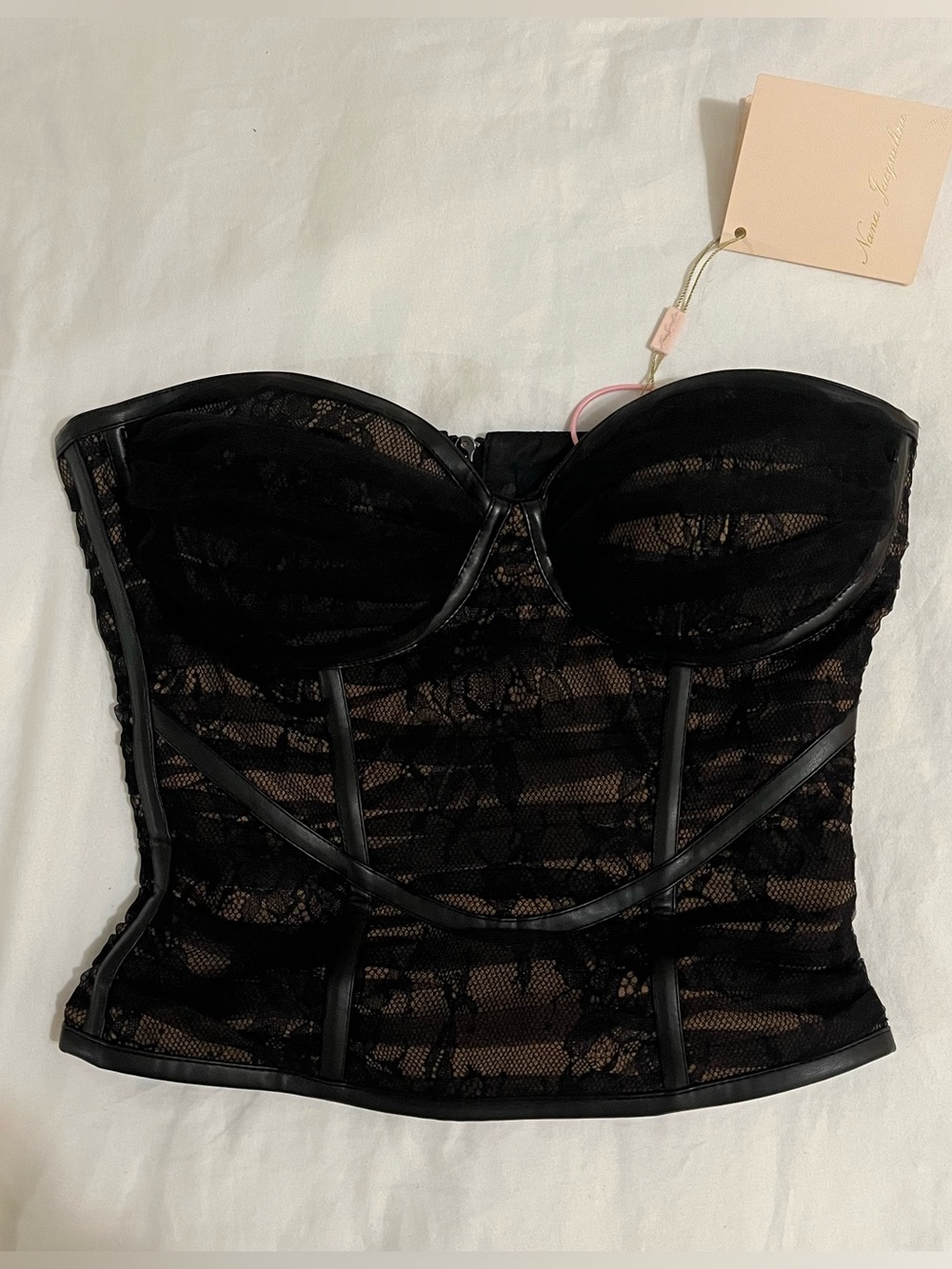 Nana Jacqueline black floral lace mesh corset with leather trim